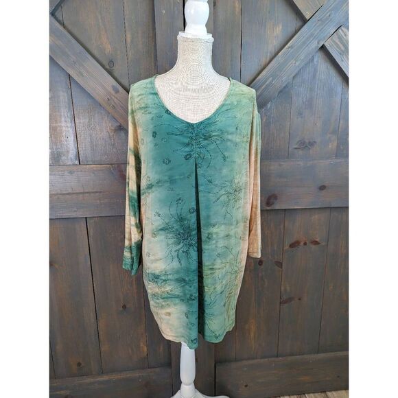 Liz & Me Blouse Top Women's 2X Artwork Green Floral Glitter embellished - Picture 2 of 10